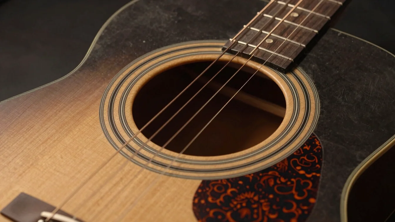 Close-up macro photography of acoustic guitar soundhole rosette a