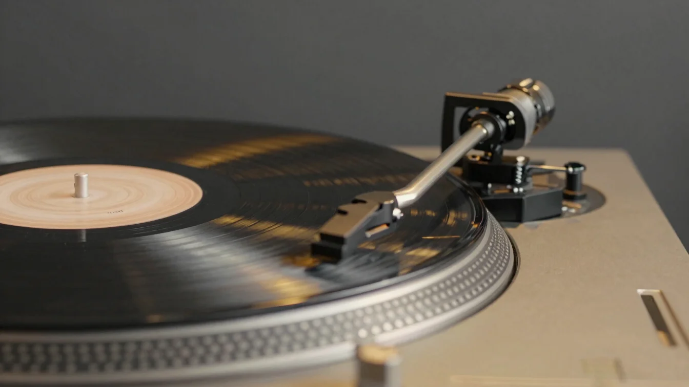 Still-life studio photography of a turntable platter and tonearm