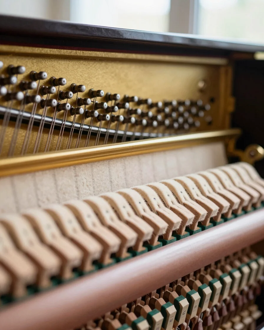 Close-up macro photography of piano hammer felt and brass strings inside an upright piano, warm natural window light, ch