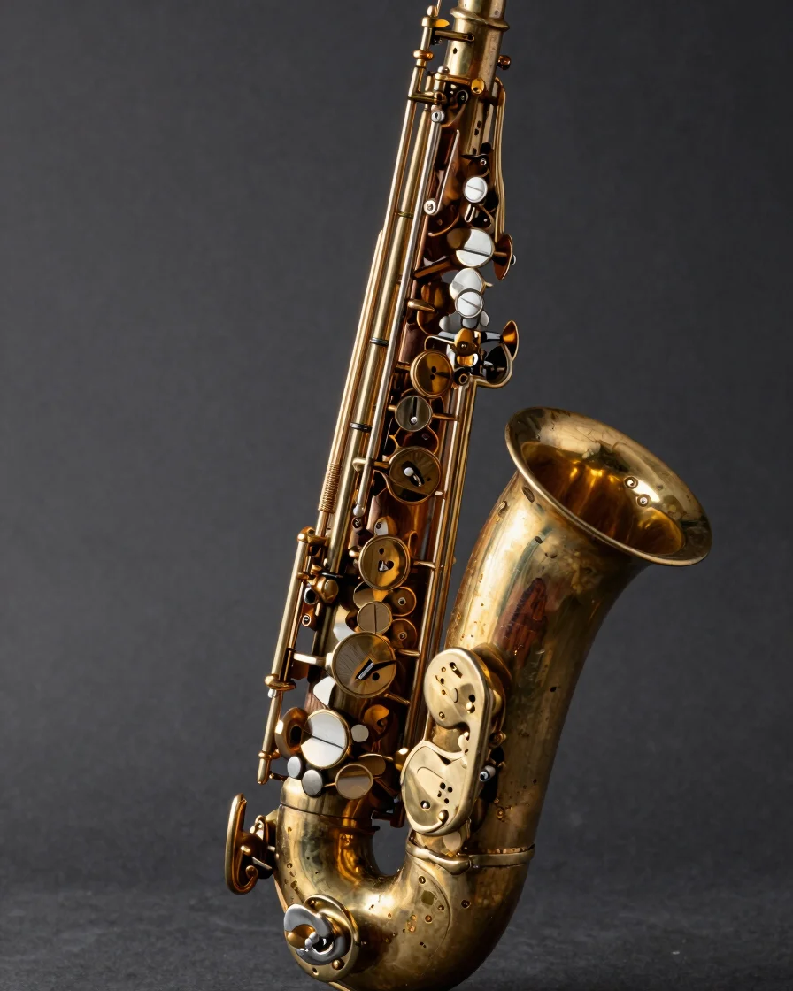 Macro studio photography of vintage brass saxophone keys and dark